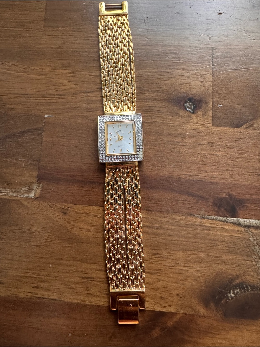 Adrienne Gold-Tone Mesh Bracelet Watch with Crystal Square Bezel